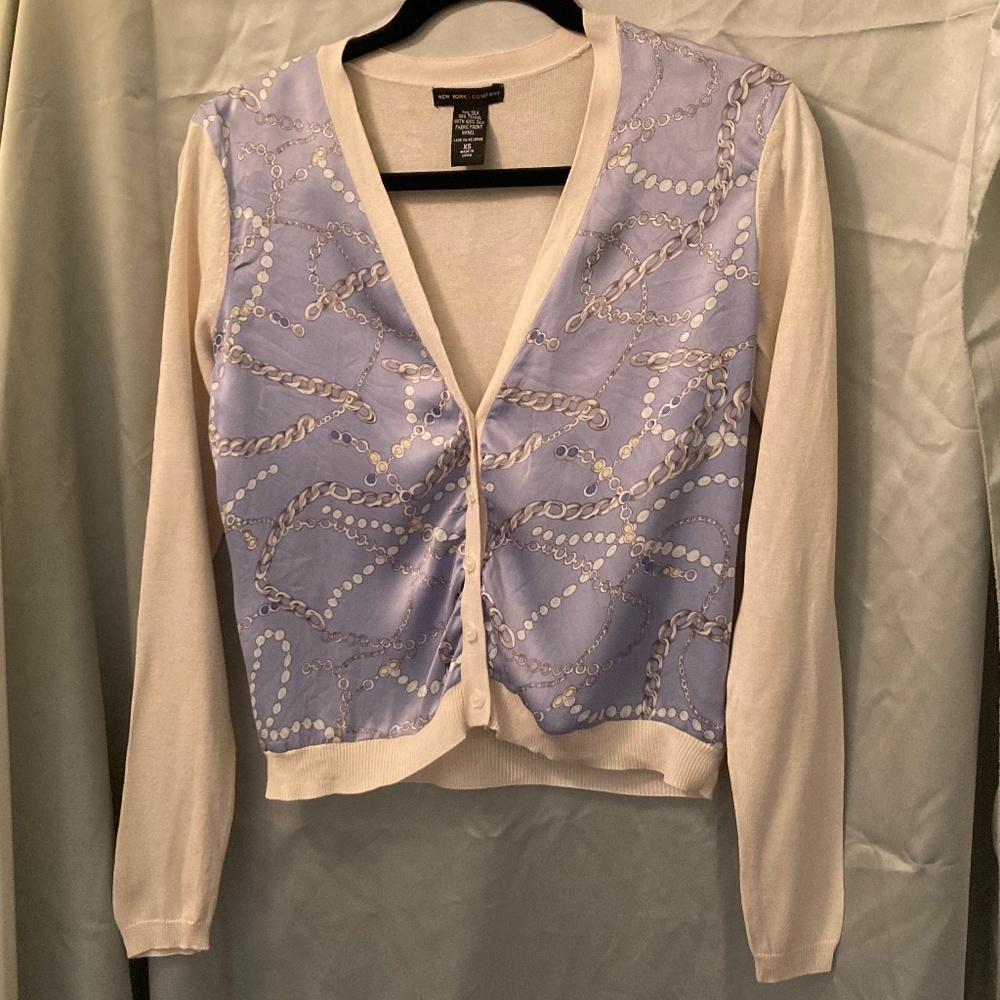 Silk Cardigan New York & Company Blue Cream with Chain Design Size XS EUC